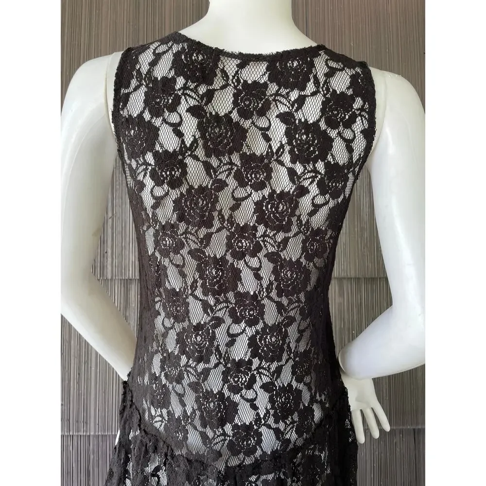 🔥Free People Black Lace Sheer Fit Flare Tiered Mini Dress Coquette Goth Grunge